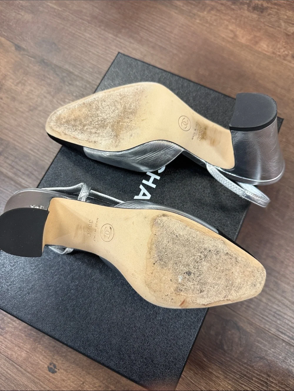 CHANEL Silver Leather Slingback Heels with Black Cap Toe